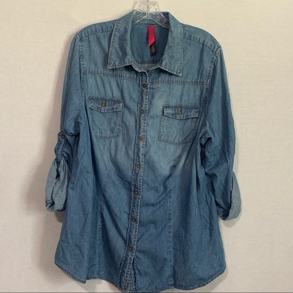 Pure Energy Size 2 Blue Jean Dress Roll Tab Sleeves Front Pockets - Picture 1 of 10